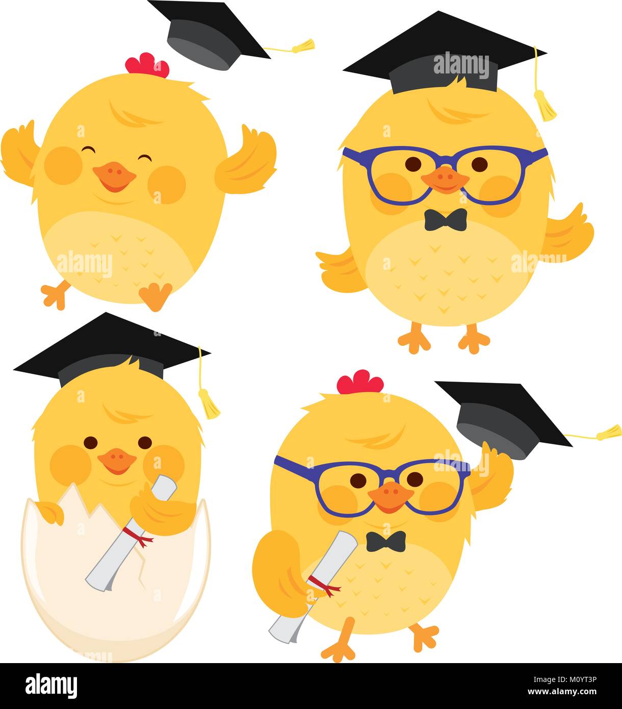 Illustrazione Vettoriale set di piccolo grazioso polli con graduazione di cappelli e diplomi. Illustrazione Vettoriale