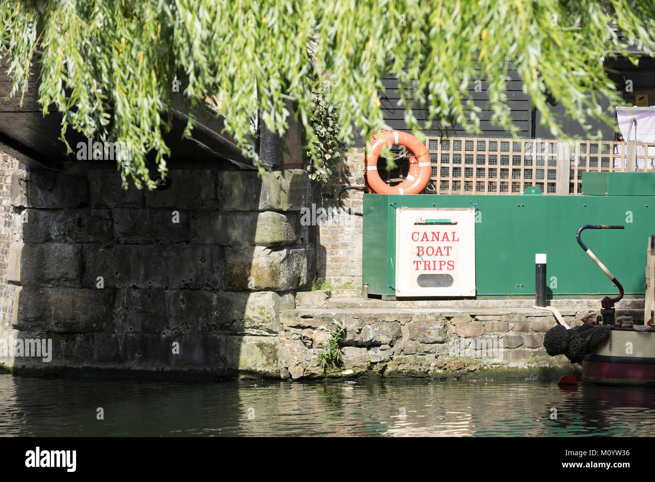 Canal Boat segno di viaggio sul canal a Camden Lock. Foto Stock