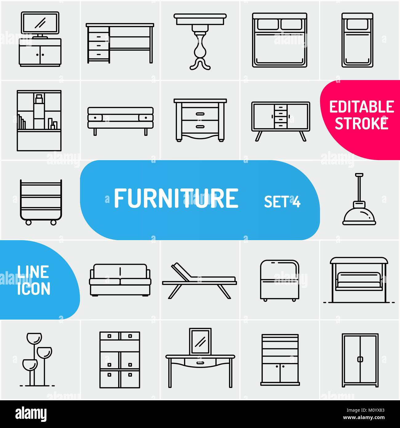 Moderna linea sottile mobili set di icone. Qualità Premium contorno interno collezione di simboli. Mono semplici arredi lineari pittogramma pack. Vettore di corsa di grafica per il web. Illustrazione Vettoriale