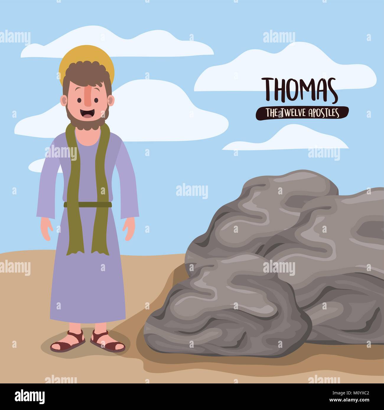 I dodici apostoli poster con Thomas in scena nel deserto accanto alle rocce in silhouette colorato Illustrazione Vettoriale