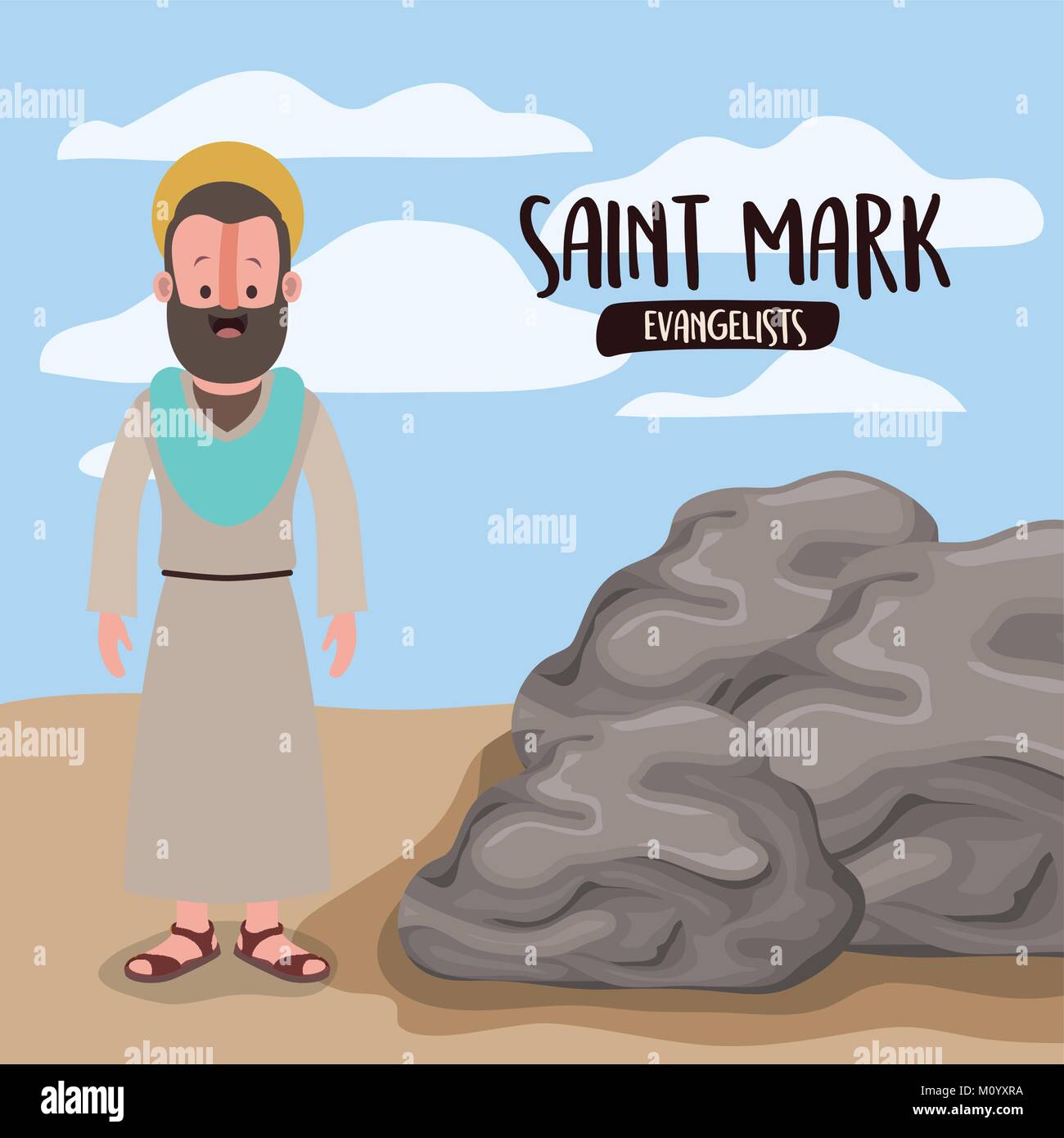 L'evangelista san Marco in scena nel deserto accanto alle rocce in silhouette colorato Illustrazione Vettoriale