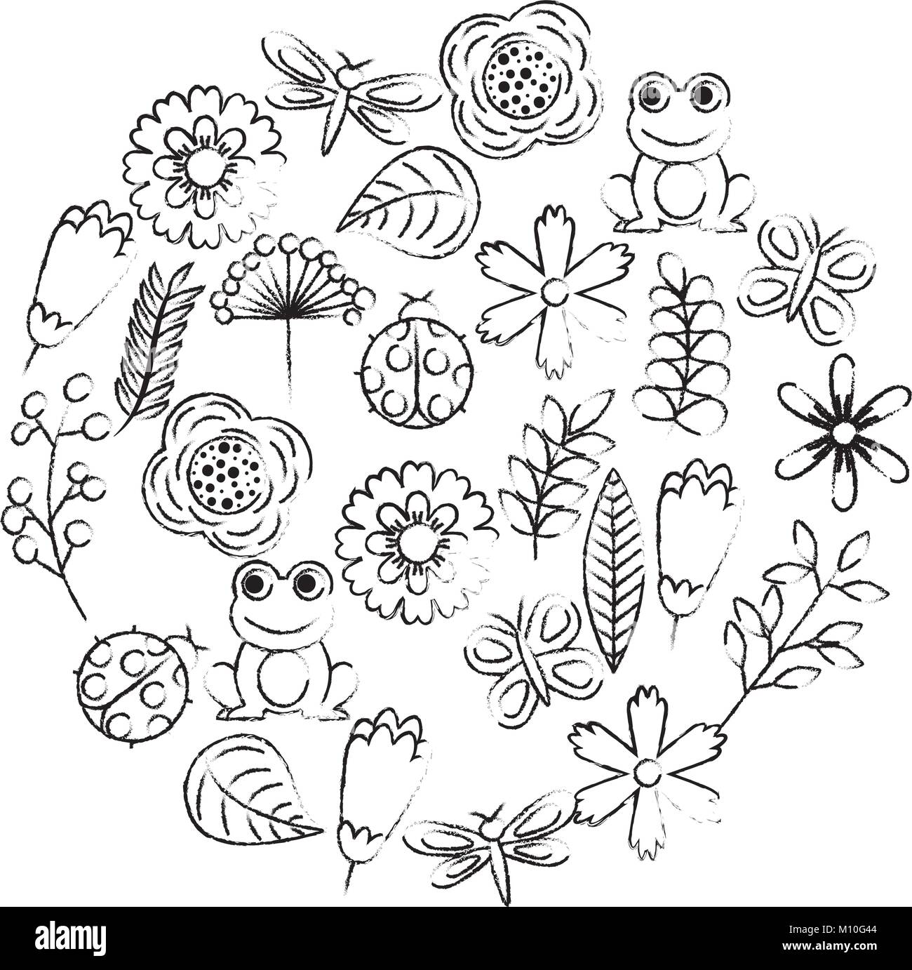 Set di primavera natura tema Amore Fiori uccelli farfalle ladybugs libellula rana Illustrazione Vettoriale