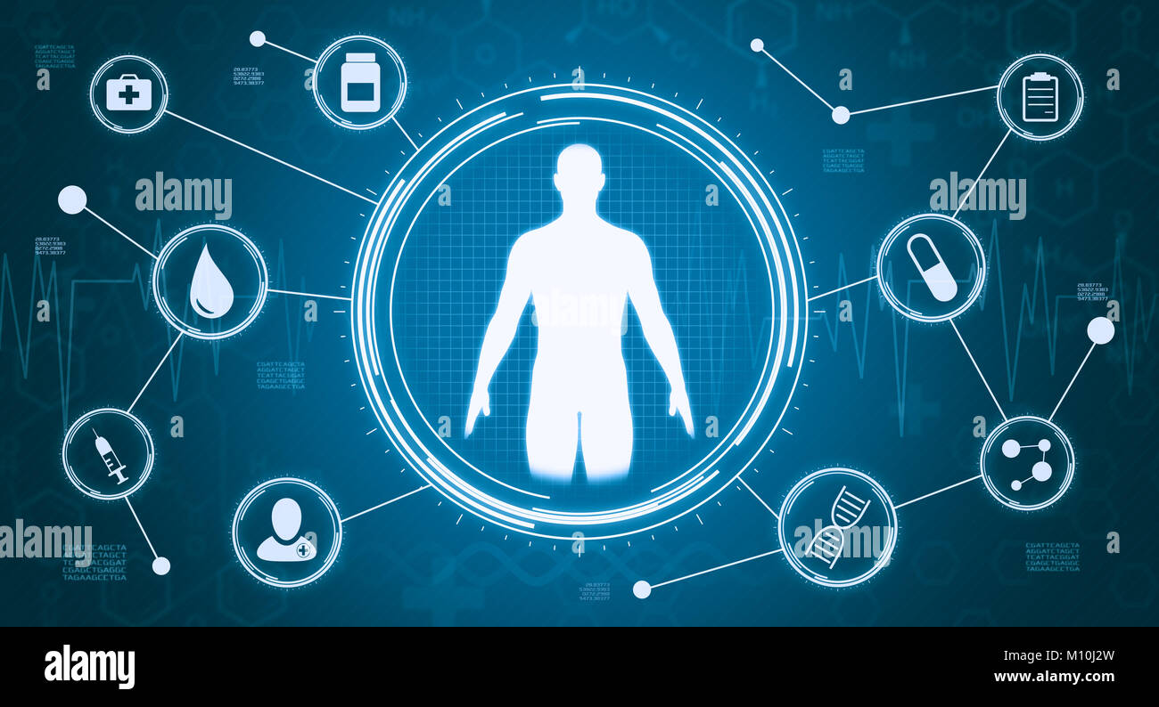 Circolare display HUD con una sagoma umana e una rete di simboli medici (3d rendering) Foto Stock