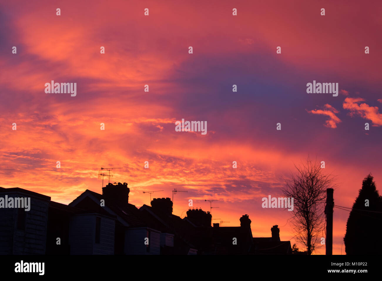 Fiery tramonto su tetti a Lingfield, Surrey in Dicembre Foto Stock