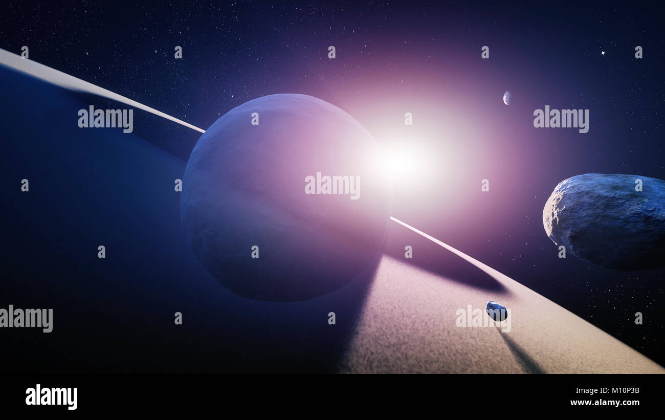 Artista illustrazione di sunrise sopra gli anelli del pianeta Saturno nello spazio profondo Foto Stock
