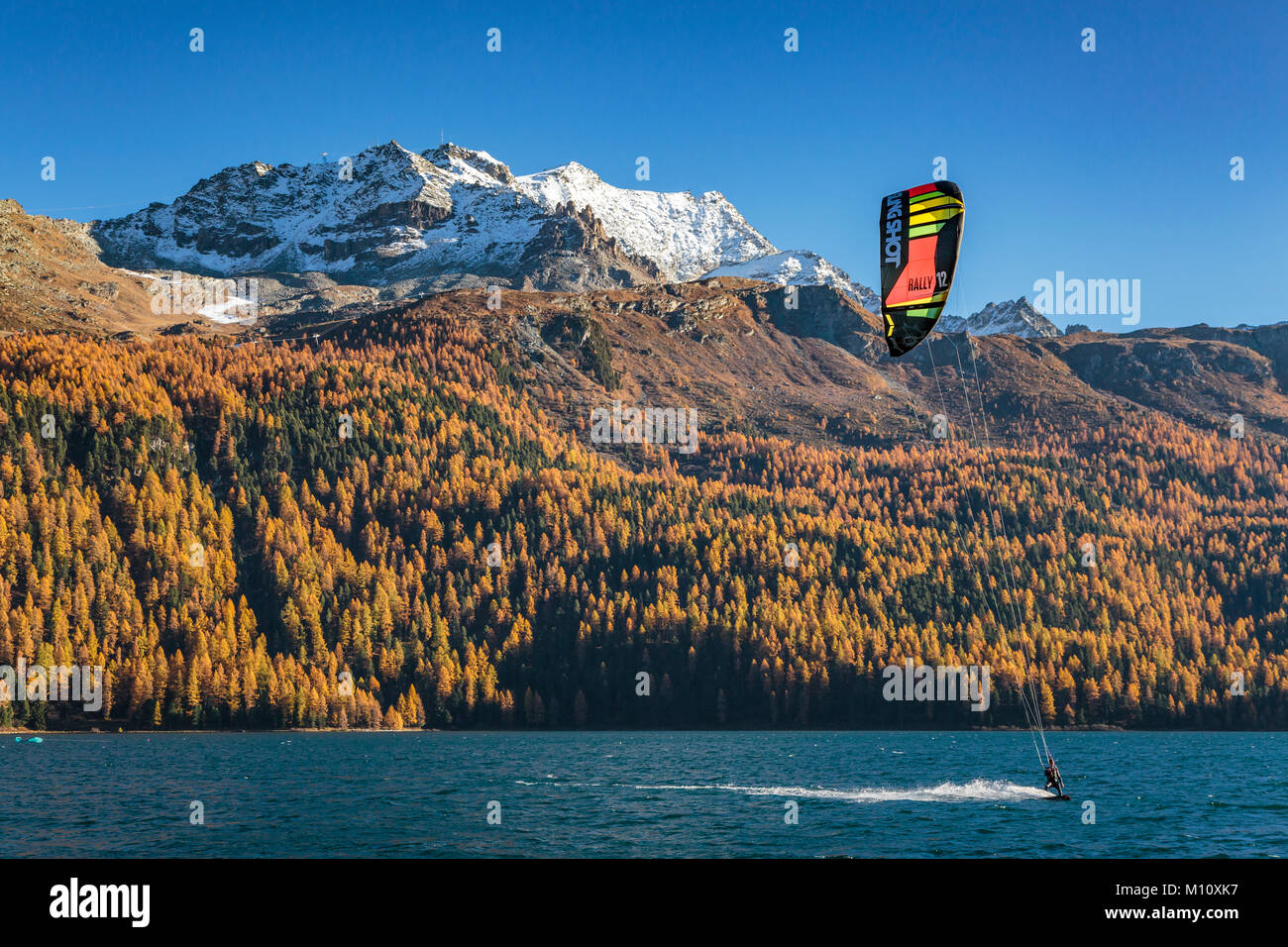 Wind surf sul lago di Silvaplana con la caduta delle foglie colore in larice alberi in Engadina, Graubuden, Svizzera, Europa. Foto Stock