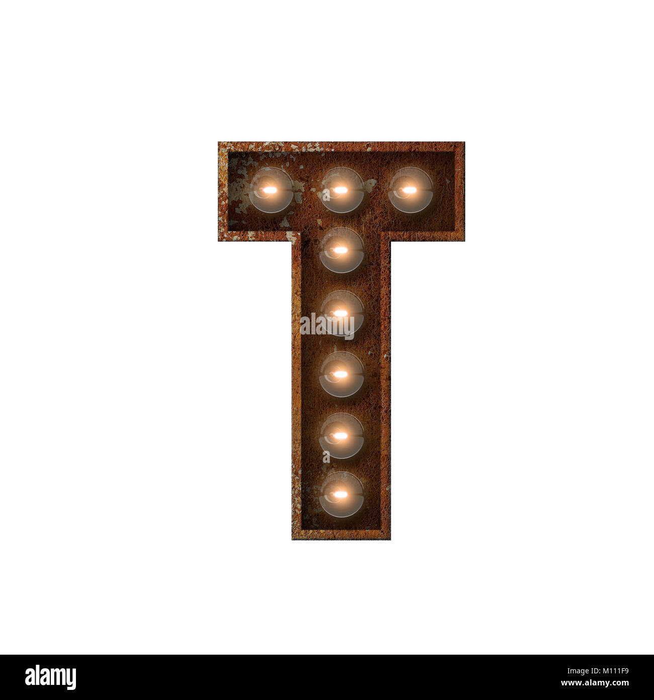 Metallo arrugginito lettera T lampadina font. Il rendering 3D Foto Stock