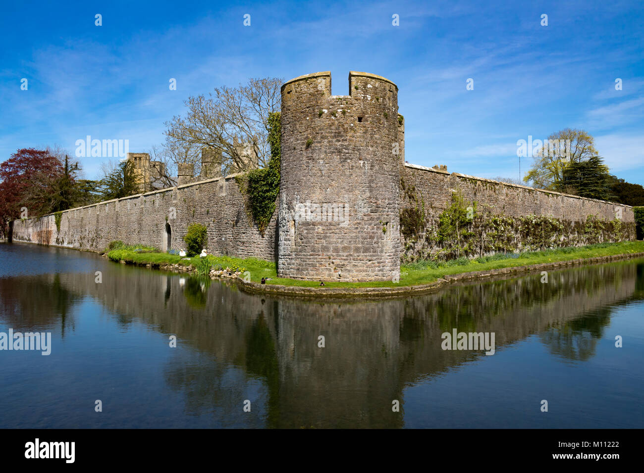 Wells Somerset in Inghilterra il 4 maggio 2016 la parete e il fossato del Palazzo del Vescovo Foto Stock