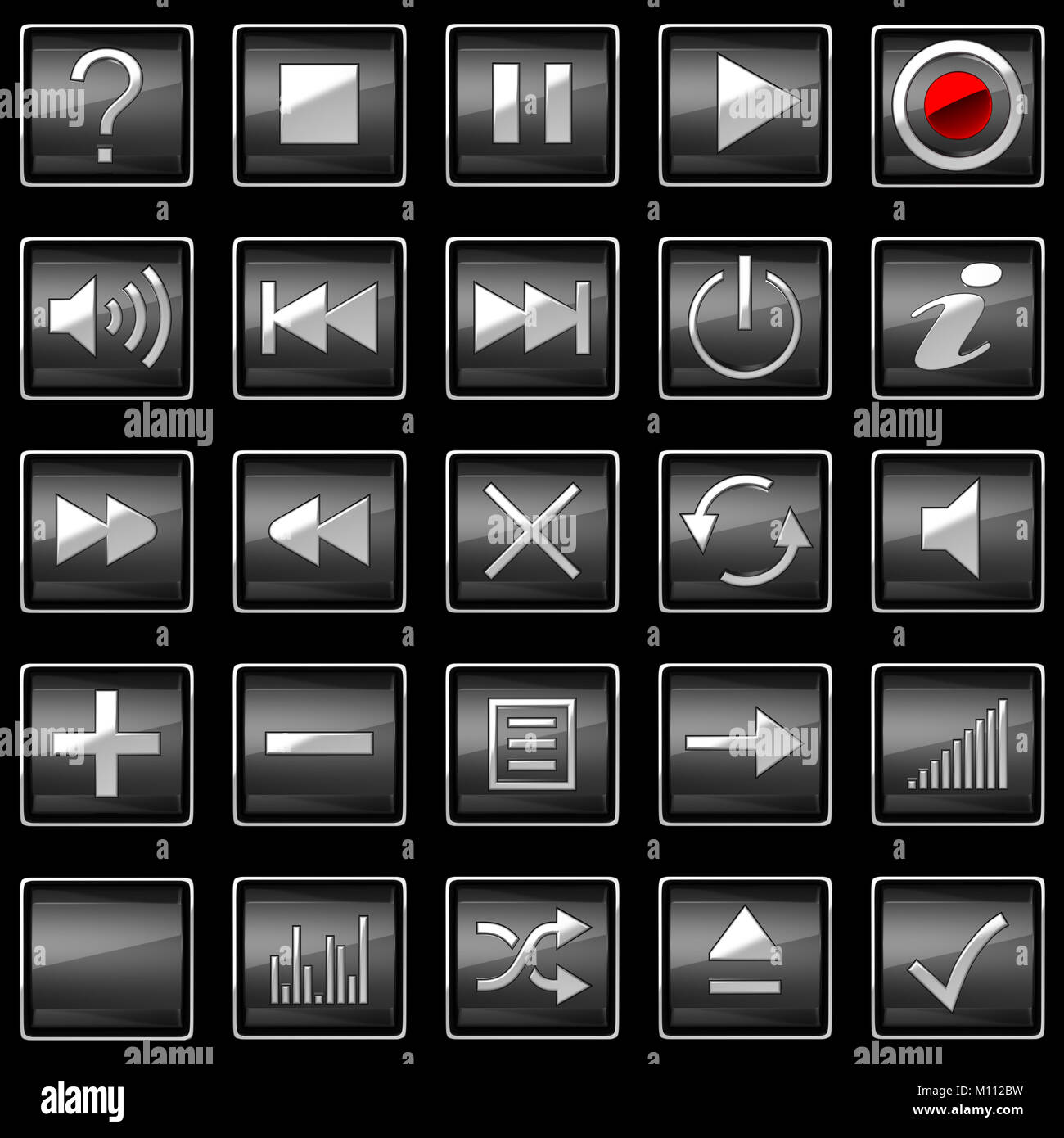 Square premuto i pulsanti del pannello di controllo isolato su nero Foto Stock