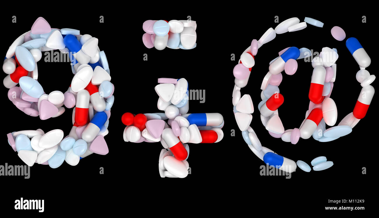 Font di pillole 9 plus minus e a simboli isolate su nero Foto Stock