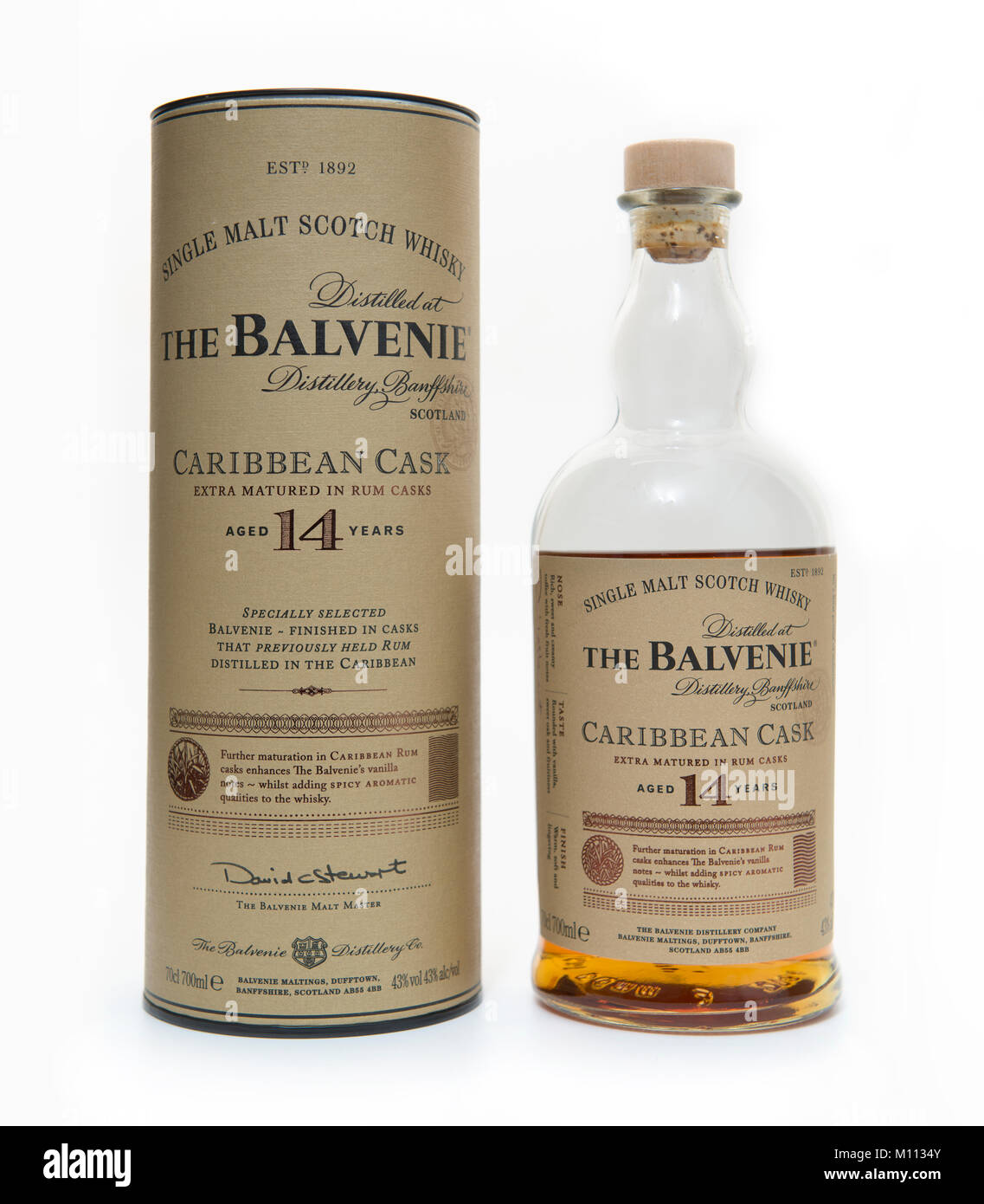 Il Balvenie 14 anno di età dei Caraibi botte single malt Scotch whisky bottiglia e imballaggio esterno. Foto Stock