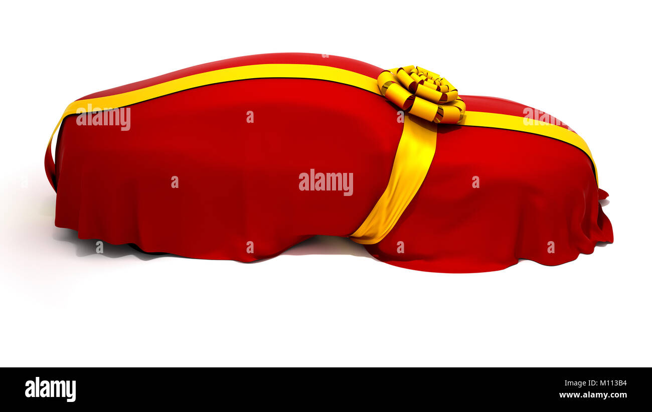 Auto di sogno o presente rivelano. Veicolo rivestito con panno rosso e il nastro. Altre auto presentazione immagini sono nel mio portafoglio Foto Stock