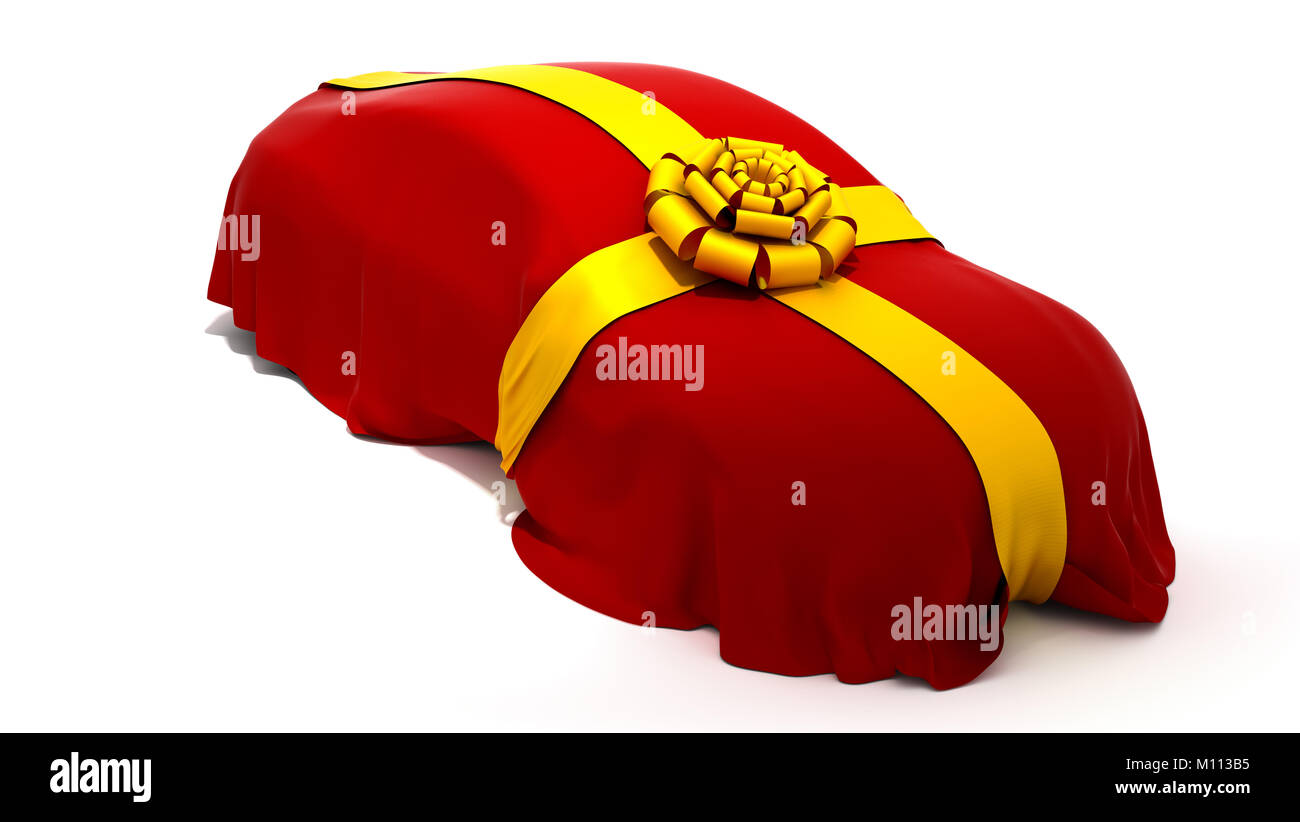 Auto da sogno di acquisto o di presentazione. Veicolo rivestito con panno rosso e il nastro. Altre auto presentazione immagini sono nel mio portafoglio Foto Stock