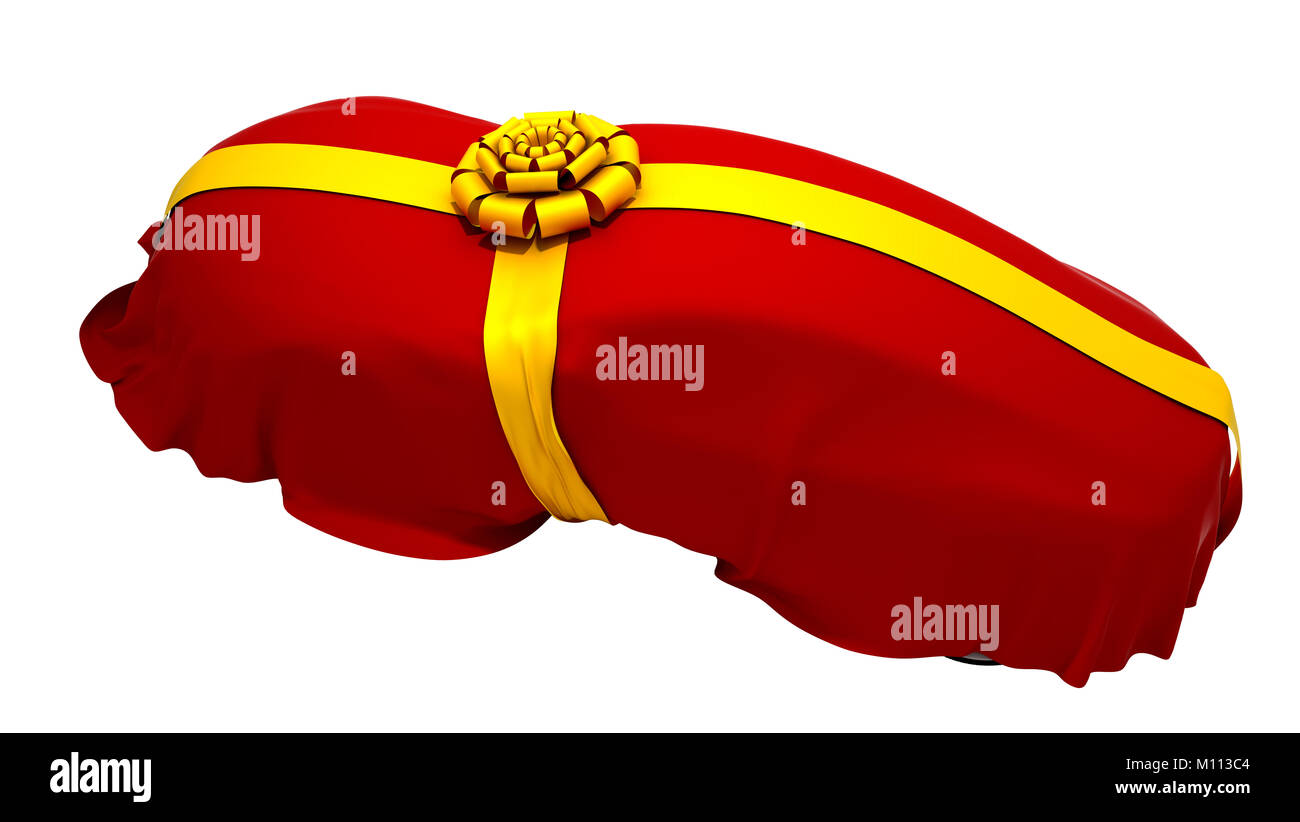 Sogno auto di presentazione o di rivelare. Veicolo rivestito con panno rosso e il nastro. Altre auto presentazione immagini sono nel mio portafoglio Foto Stock