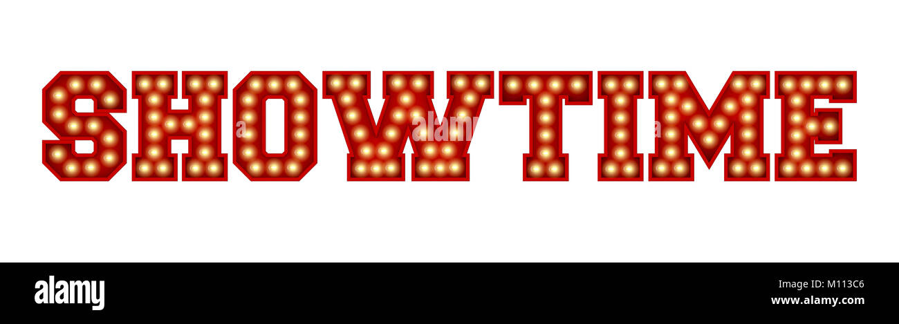 Showtime parola fatta dal rosso vintage lampadina lettering isolate su un bianco. Il rendering 3D Foto Stock