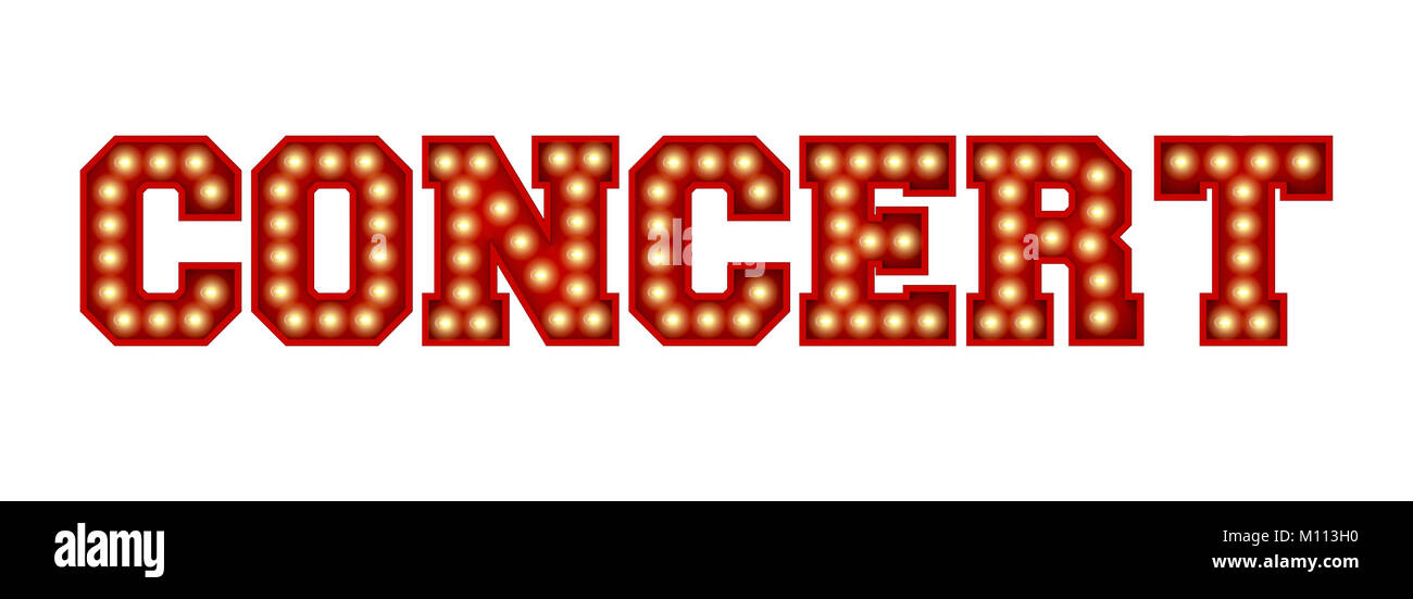 Concerto parola fatta dal rosso vintage lampadina lettering isolate su un bianco. Il rendering 3D Foto Stock