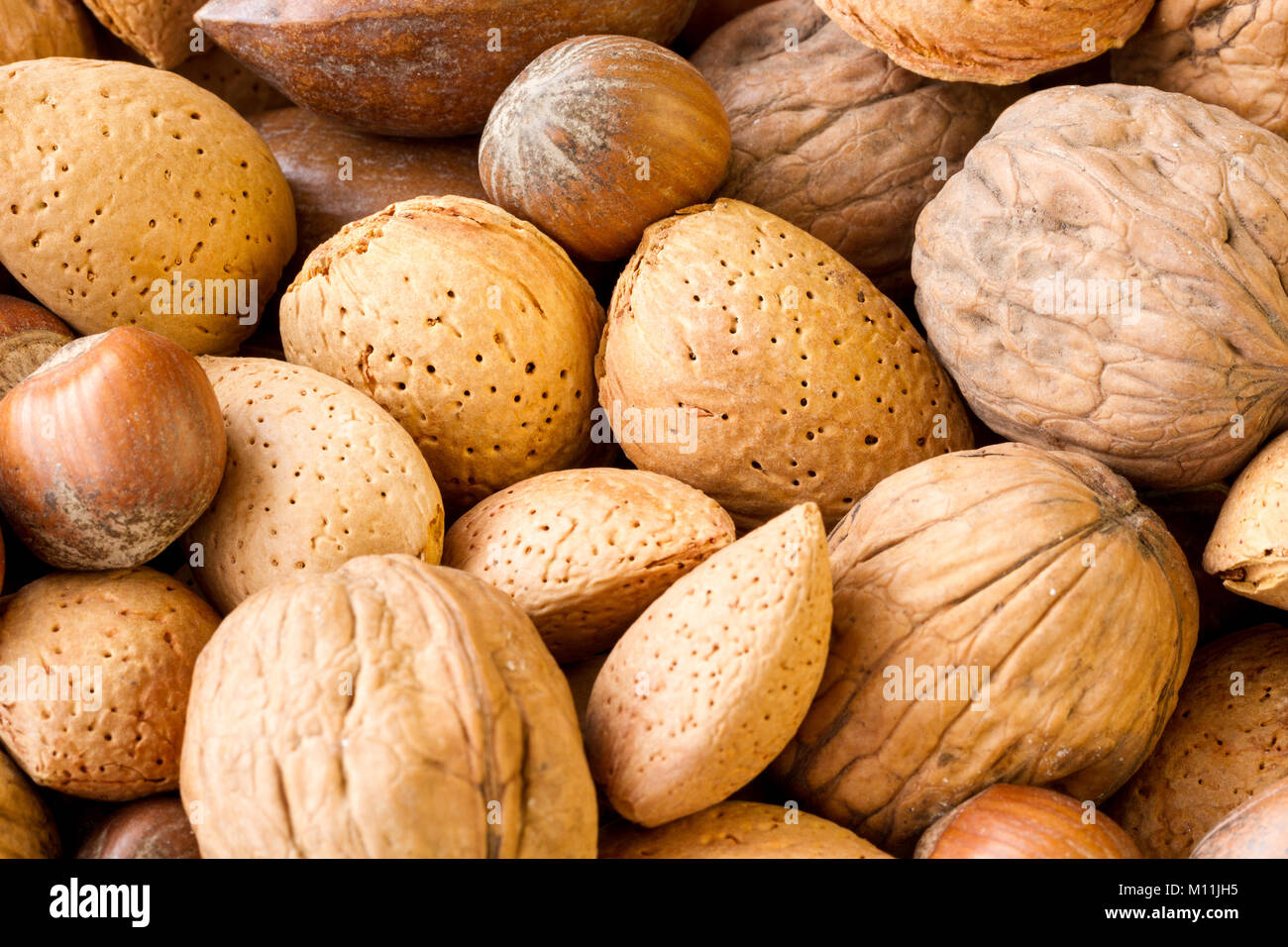 Close up di una varietà di senza guscio Noci, una ricca fonte di proteine Foto Stock