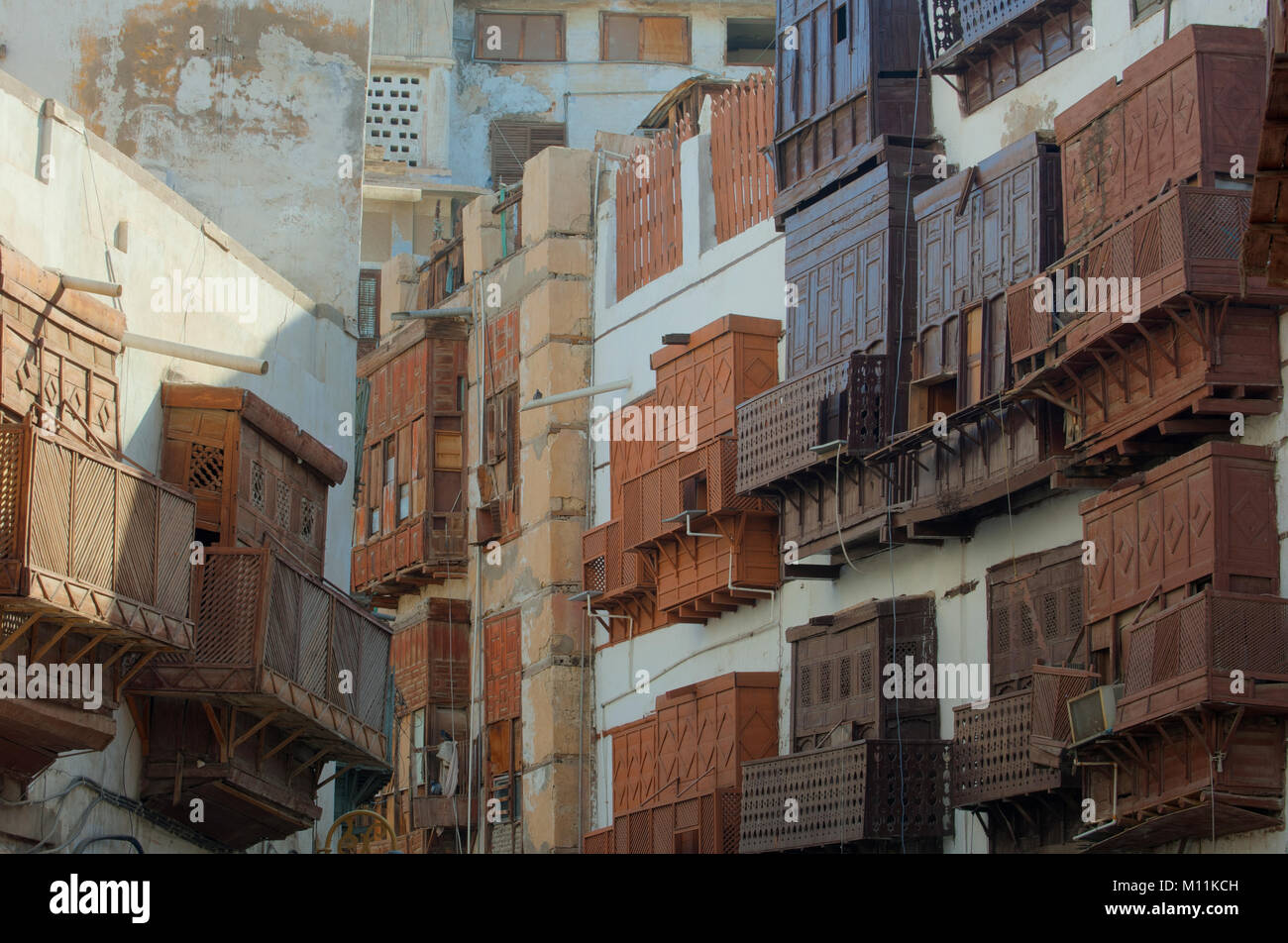 Jeddah Città Vecchia di edifici e strade, Arabia Saudita Foto Stock