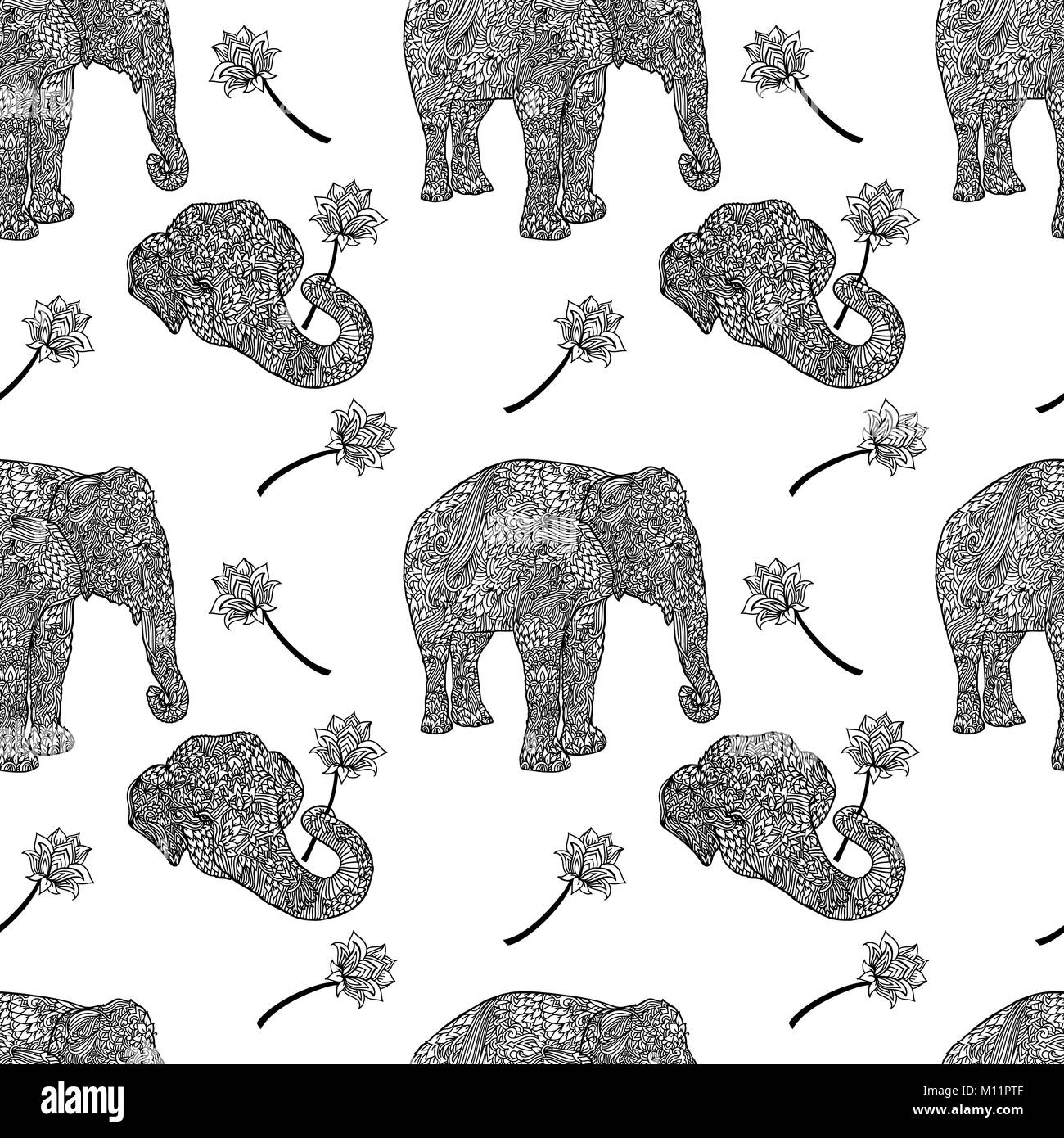 Gli elefanti seamless pattern in stile asiatico. Mandala sfondo stile. Illustrazione Vettoriale. Illustrazione Vettoriale