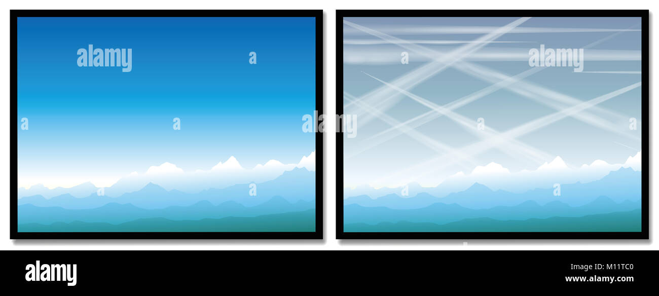 Contrails - Inquinamento atmosferico causato da scie di condensazione degli aerei - una foto con cielo azzurro e uno in confronto con molti piani di volo. Foto Stock