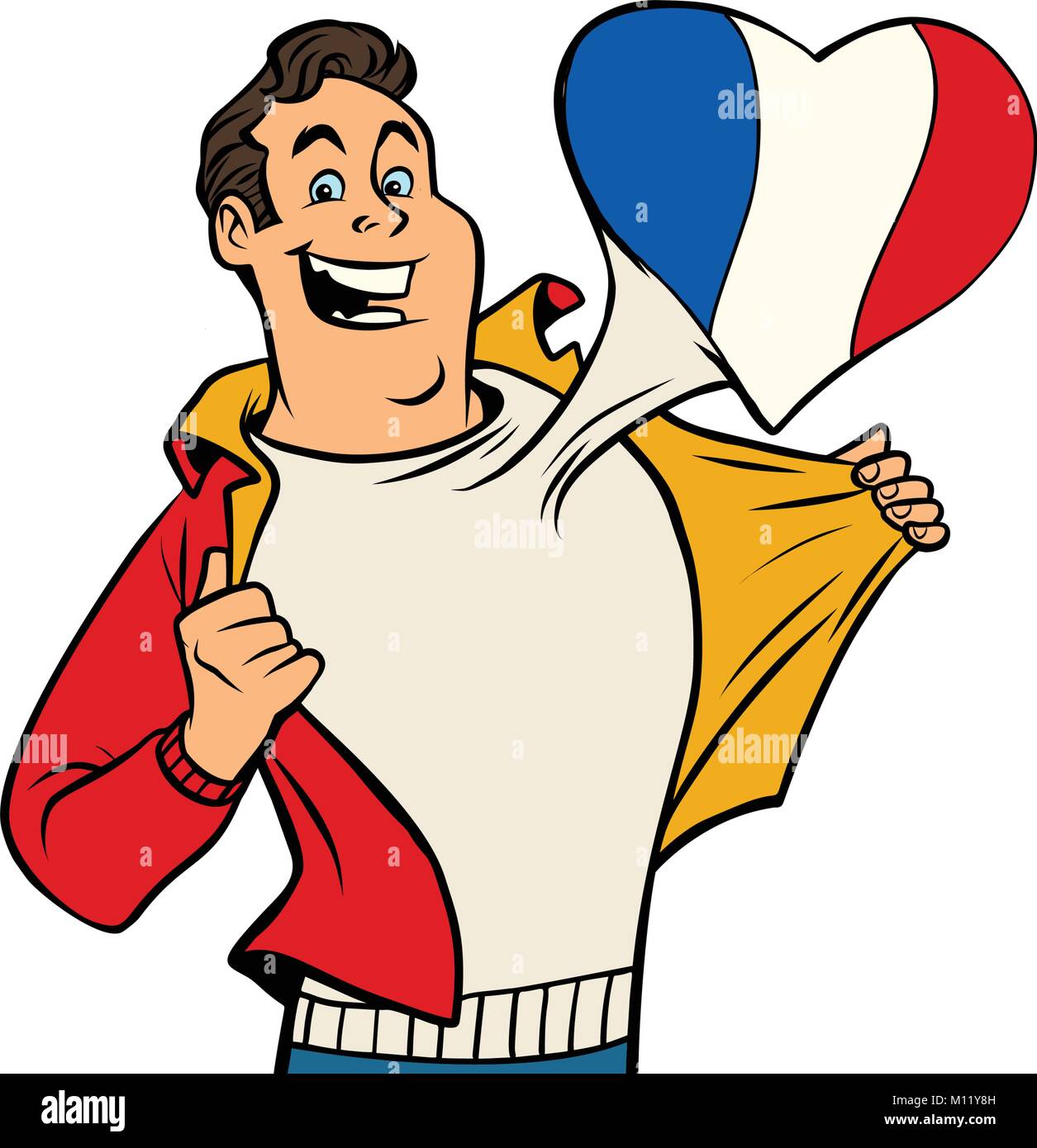 Francia patriot uomo isolato su sfondo bianco. Fumetto cartone animato in stile pop art illustrazione vettore retrò Illustrazione Vettoriale