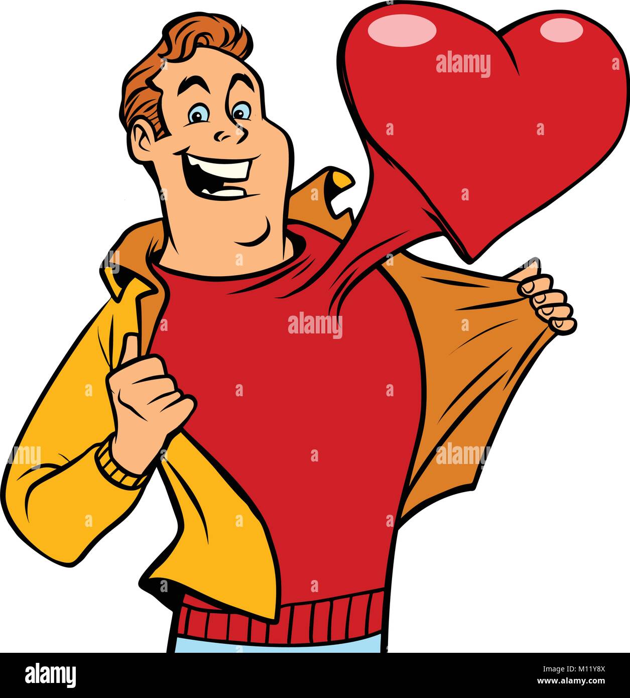 Uomo romantico con un cuore rosso Valentino. Fumetto cartone animato in stile pop art illustrazione vettore retrò Illustrazione Vettoriale