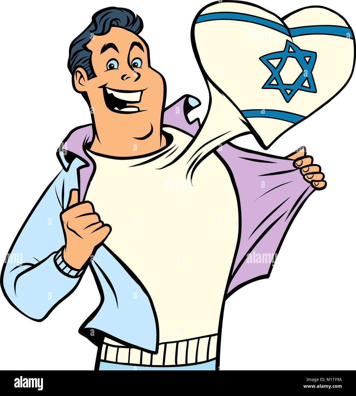 Israele patriot uomo isolato su sfondo bianco. Fumetto cartone animato in stile pop art illustrazione vettore retrò Illustrazione Vettoriale