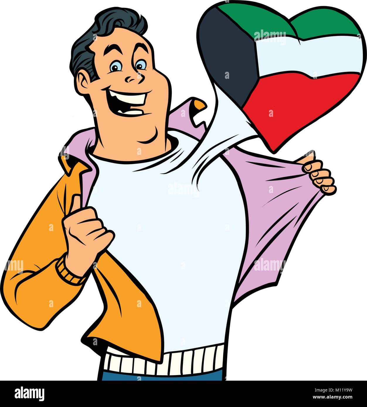 Kuwait patriot maschio ventola sport bandiera cuore isolato su sfondo bianco. Fumetto cartoon pop art illustrazione rétro Illustrazione Vettoriale