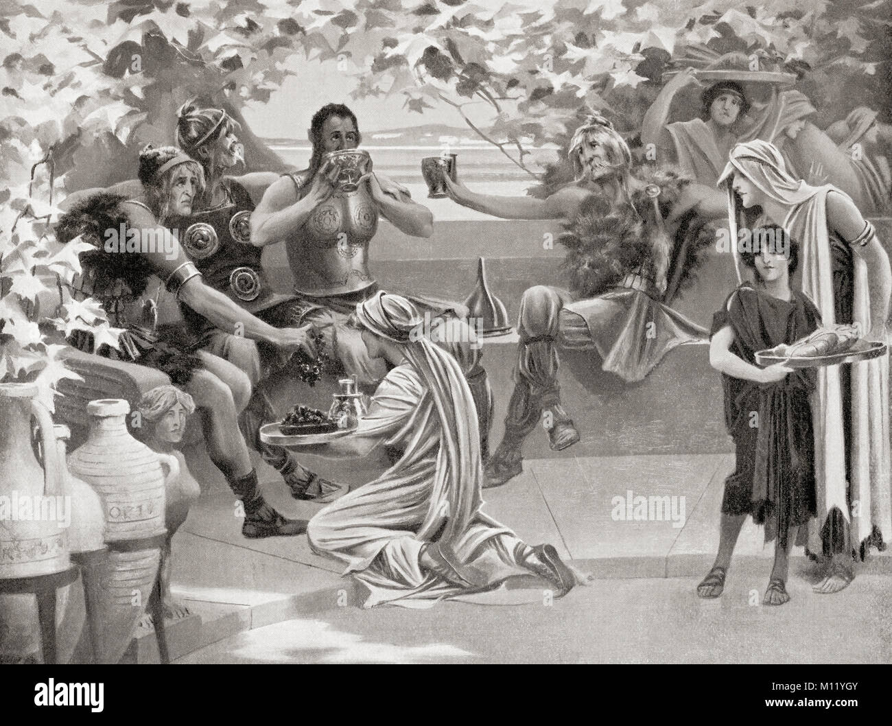 Goti visto circondato da schiavi, bevendo vino in una villa di campagna nella Roma antica del IV secolo d.c. Da Hutchinson nella storia delle nazioni, pubblicato 1915. Foto Stock