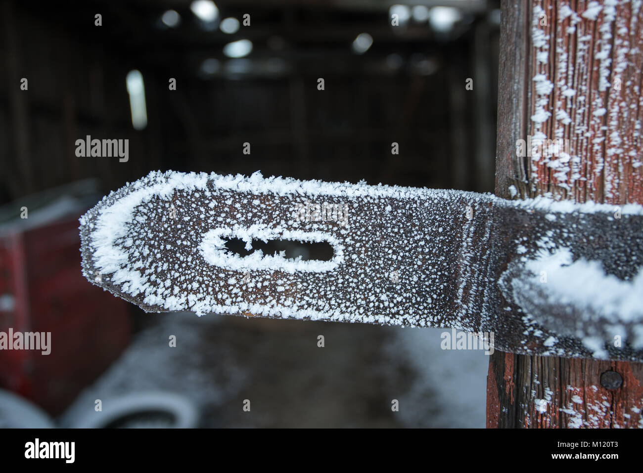 Vecchio e porta a spiovente portalucchetto ricoperto dal gelo con il vecchio garage abbandonati in background Foto Stock