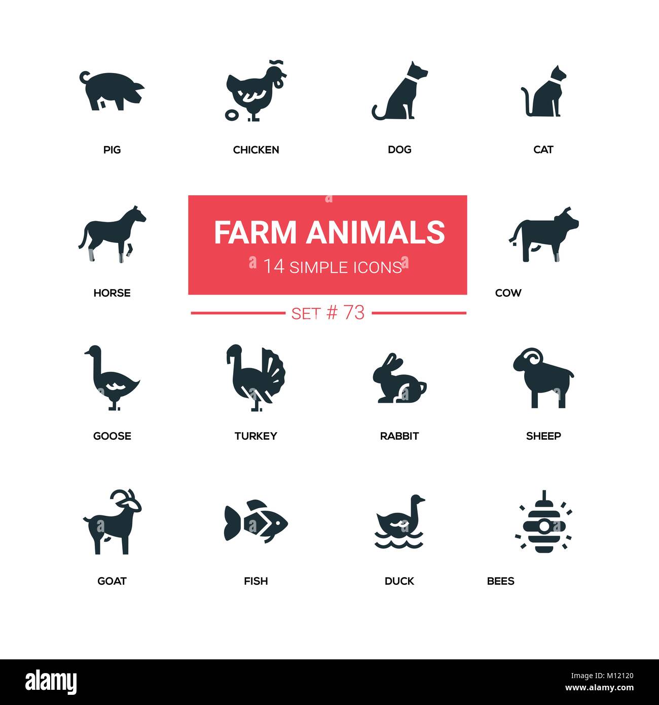 Animali da fattoria - linea silhouette design set di icone Illustrazione Vettoriale