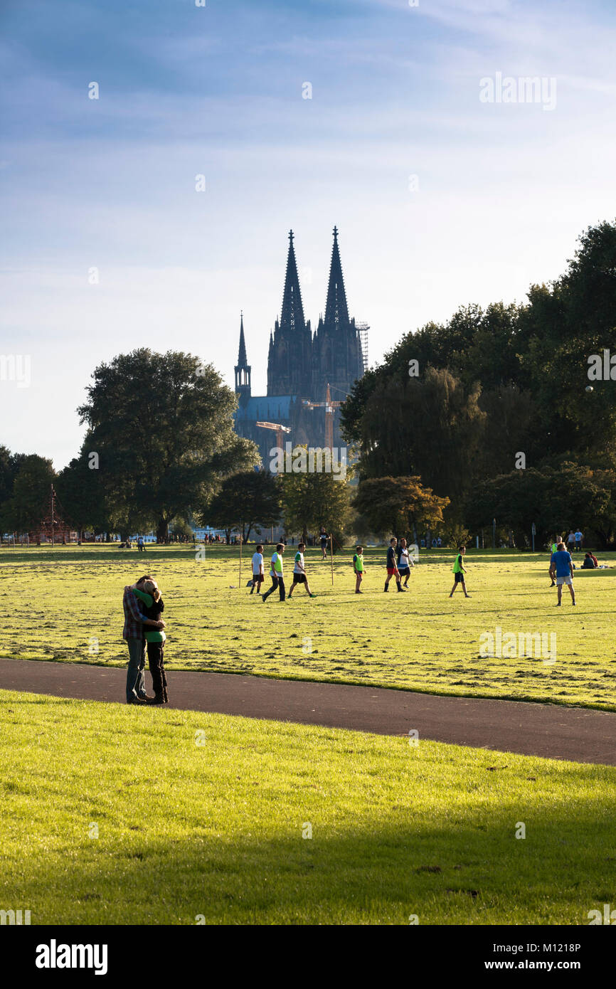 Germania, Colonia, il parco del Reno nel quartiere Deutz, vista della cattedrale. Deutschland, Koeln, der Rheinpark in Deutz, Blick zum Dom. Foto Stock