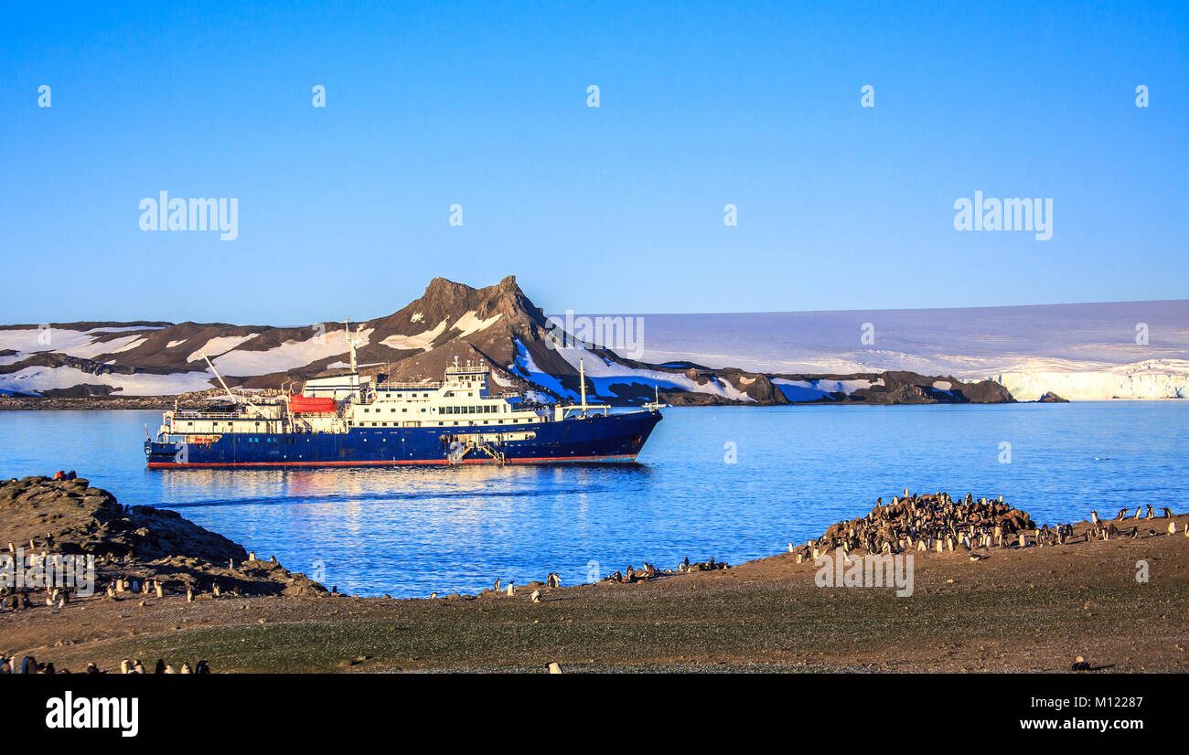 Antartico blu nave da crociera in laguna e Gentoo colonia di pinguini sulla riva di Barrientos isola, a sud le isole Shetland, penisola Antartica Foto Stock
