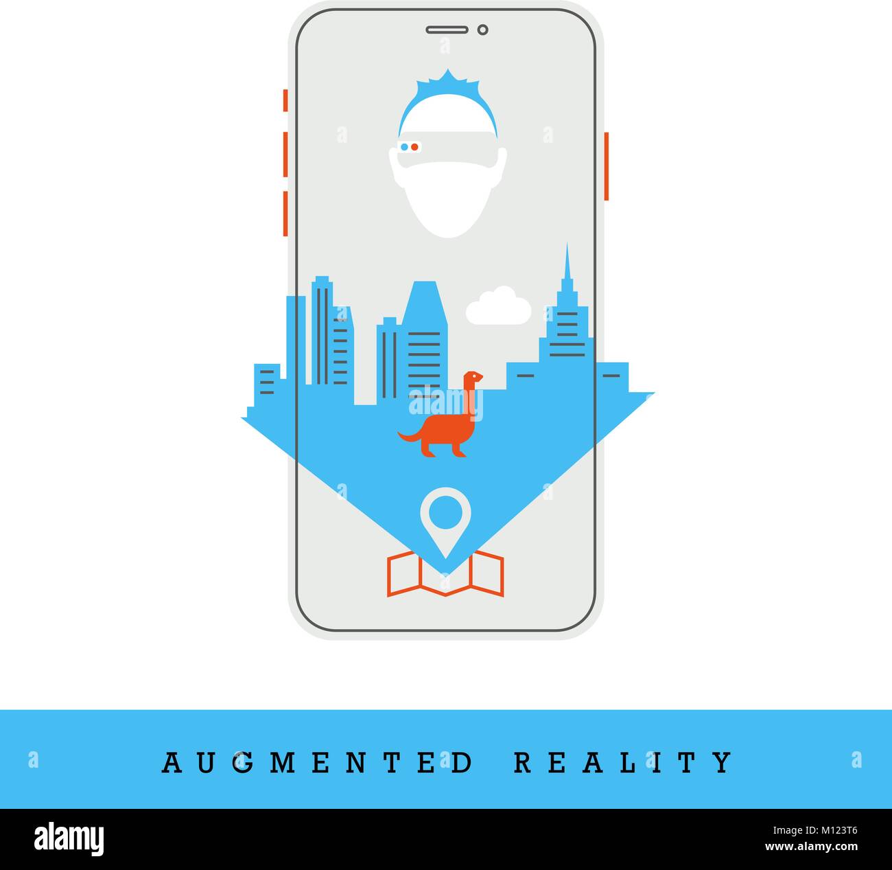 Smartphone e città con la realtà aumentata concetto Icona, design piatto e sottile Stile linea illustrazione vettoriale Illustrazione Vettoriale