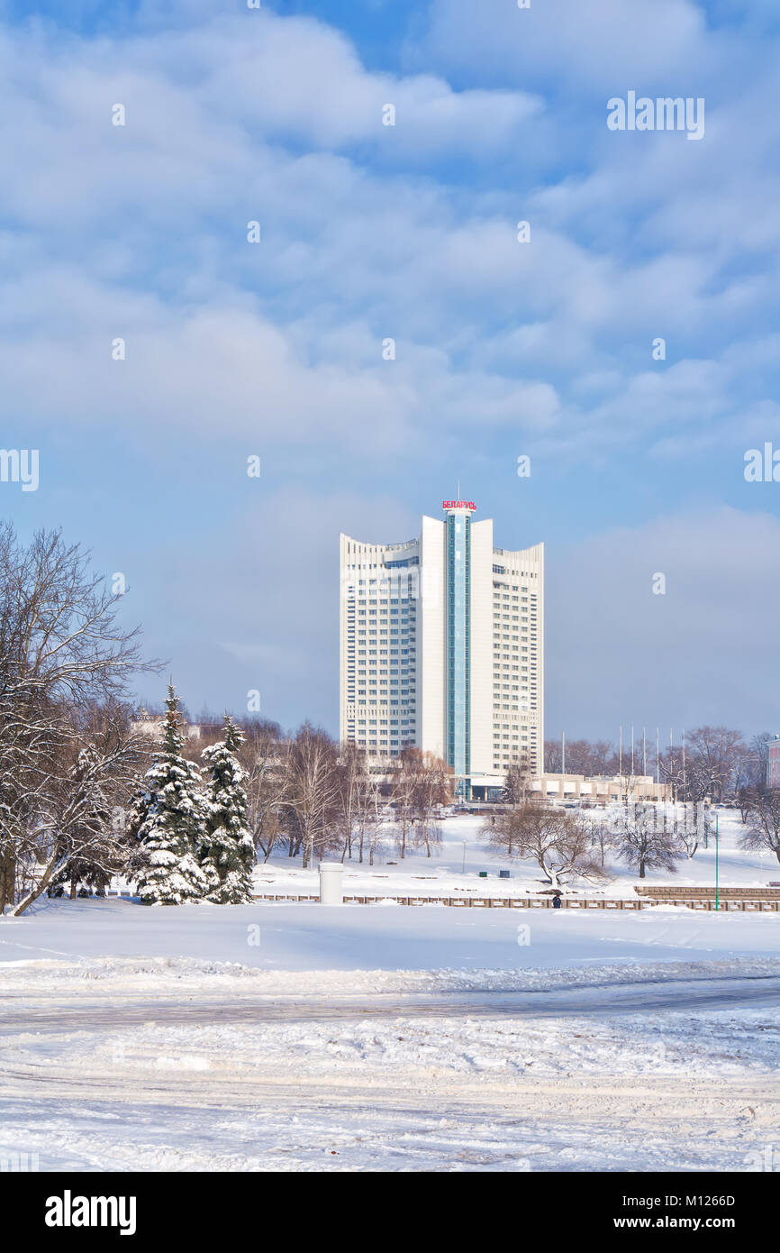 MINSK, Repubblica di Bielorussia - gennaio 18.2017: carta di visita della città, noto hotel urbani Bielorussia Foto Stock