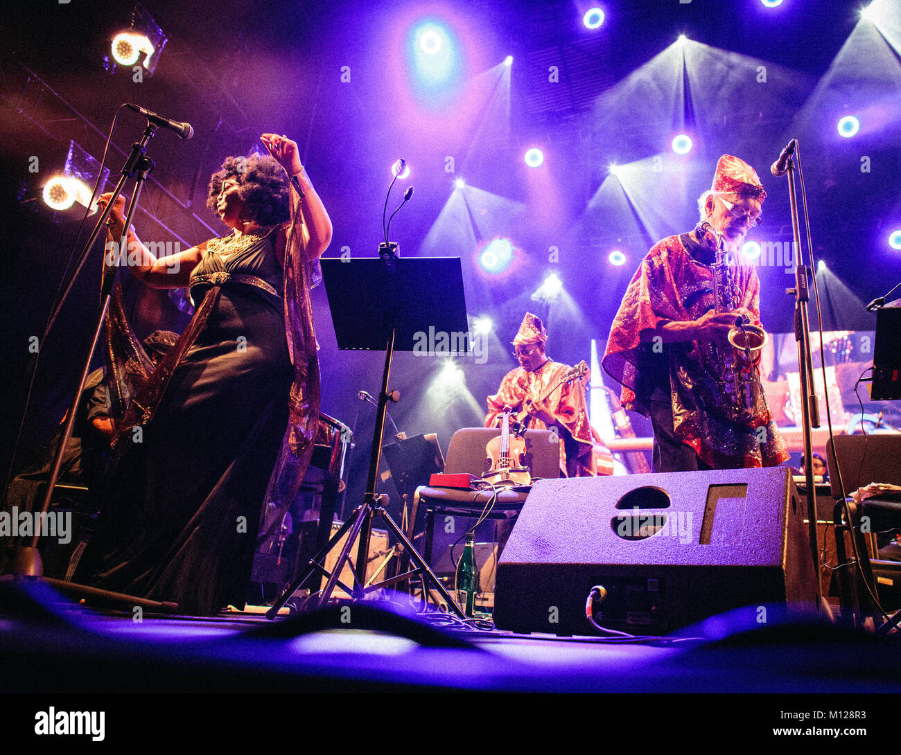 La American avant-garde Jazz group Sun Ra Arkestra esegue un concerto dal vivo presso il polacco music festival Off Festival 2015 a Katowice. In seguito Sun Ra la sua morte nel 1993, il Arkestra era stato portato da diversi bandleaders ed è oggi sotto la direzione del sassofonista Marshall Allen (a destra). Polonia, 08/08 2015. Foto Stock