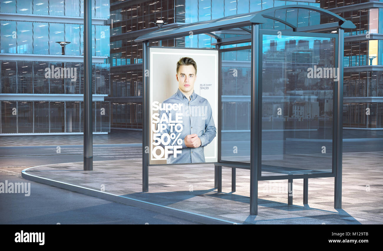 Moda vendita pubblicità su un bus stop rendering 3D Foto Stock