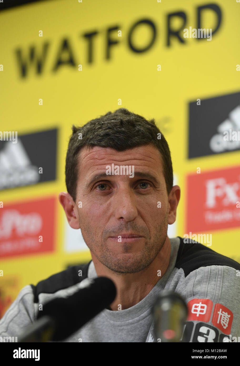 Il nuovo manager di Watford Javi Gracia durante la conferenza stampa al Watford Training Ground, London Colney. PREMERE ASSOCIAZIONE foto. Data immagine: Giovedì 25 gennaio 2018. Vedi PA storia CALCIO Watford. Il credito fotografico dovrebbe essere: Joe Giddens/PA Wire. RESTRIZIONI: Nessun utilizzo con audio, video, dati, elenchi di apparecchi, logo di club/campionato o servizi "live" non autorizzati. L'uso in-match online è limitato a 75 immagini, senza emulazione video. Nessun utilizzo nelle scommesse, nei giochi o nelle pubblicazioni di singoli club/campionati/giocatori. Foto Stock