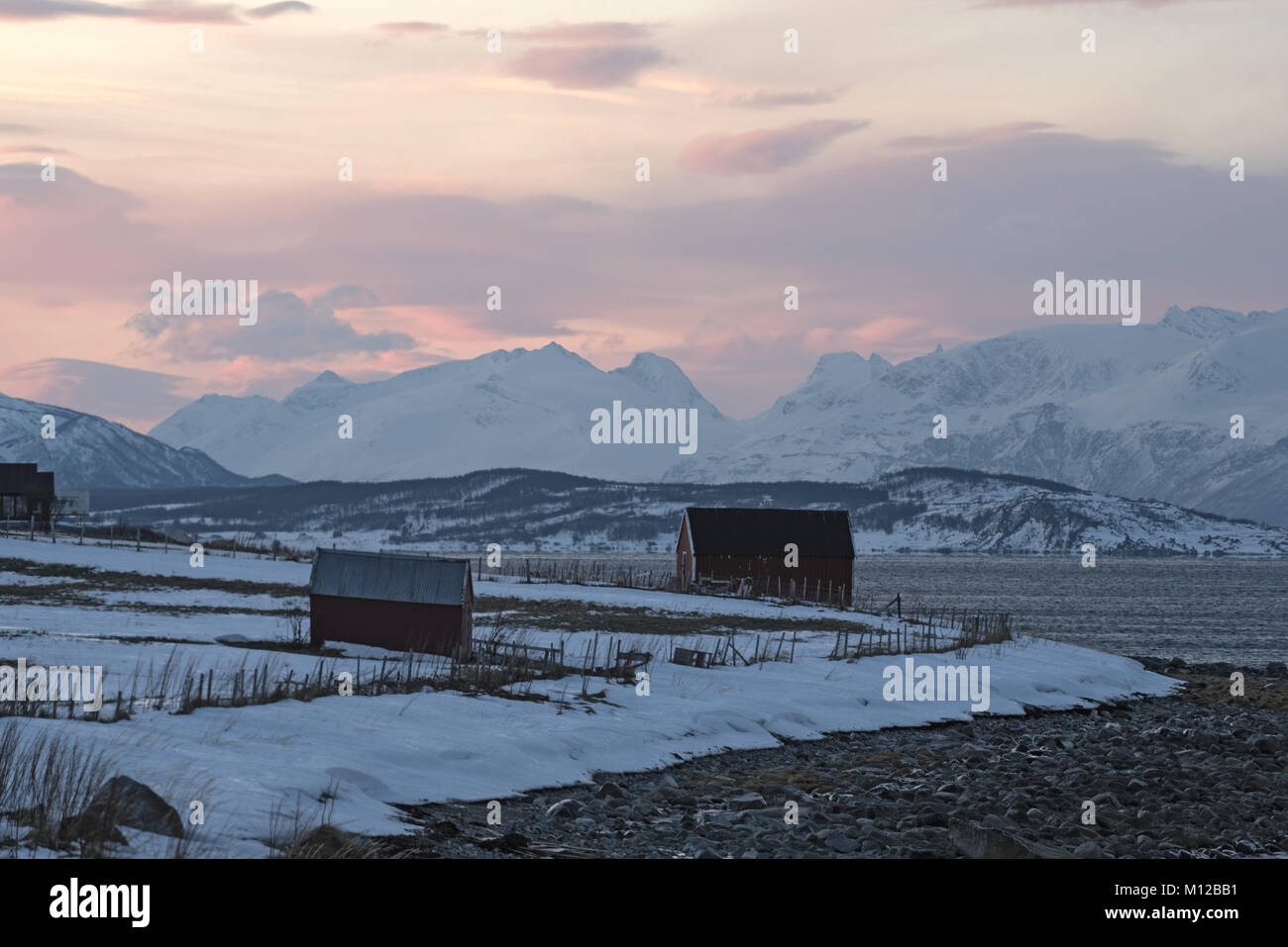 Vista del Ullsfjorden e le Alpi Lyngen, Lyngen, Tromsoe, Norvegia Foto Stock