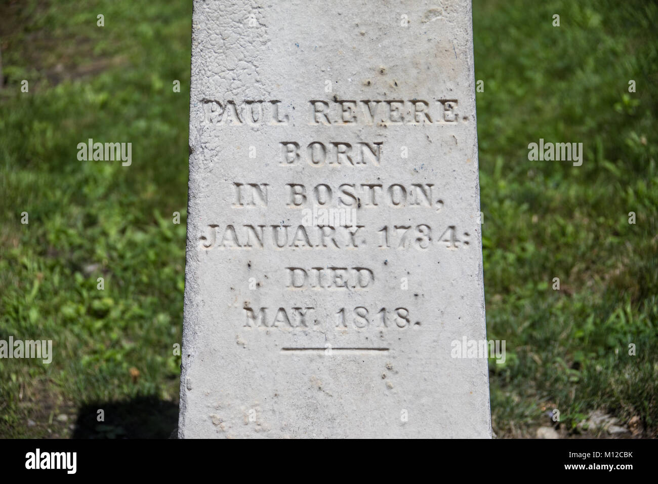 Marcatore di grave di Paul Revere, granaio di seppellimento di massa, Boston, MA, Stati Uniti d'America Foto Stock
