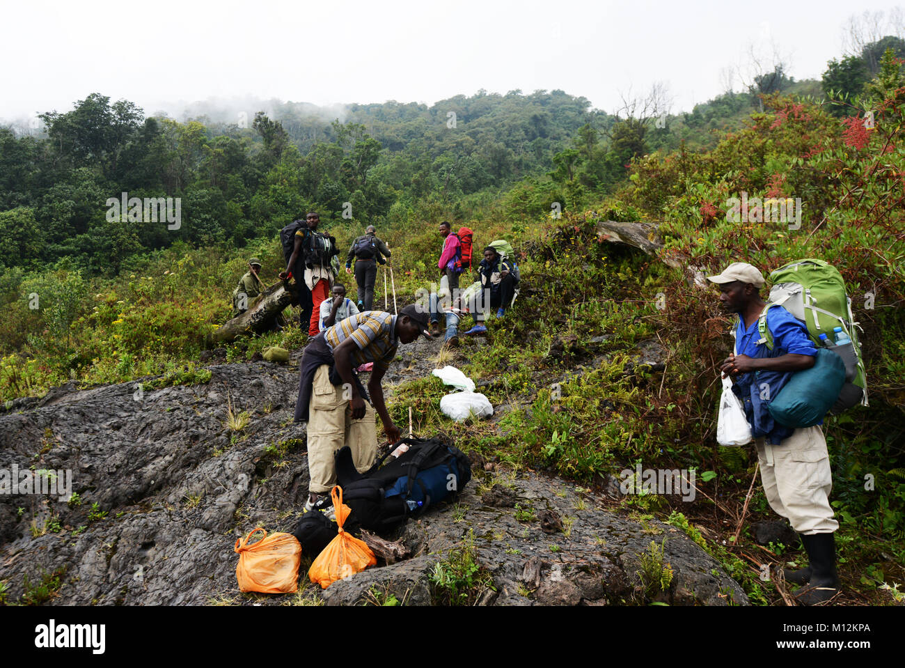Escursionismo alto vulcano Nyiragongo nel parco nazionale di Virunga, D.R.C Foto Stock