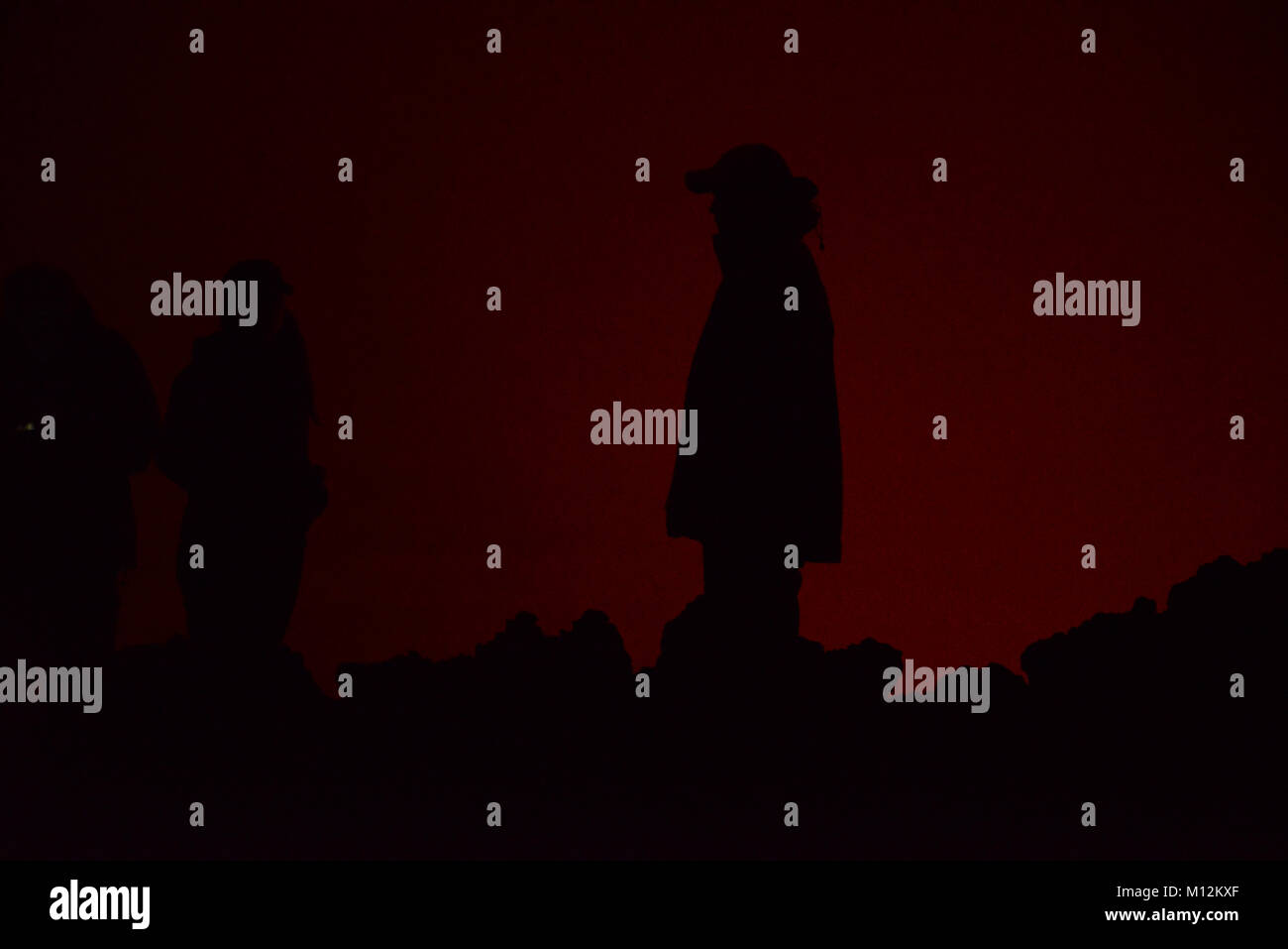 Gli escursionisti che guarda il lago di lava nel vulcano Nyiragongo nella catena dei Virunga, D.R.C Foto Stock