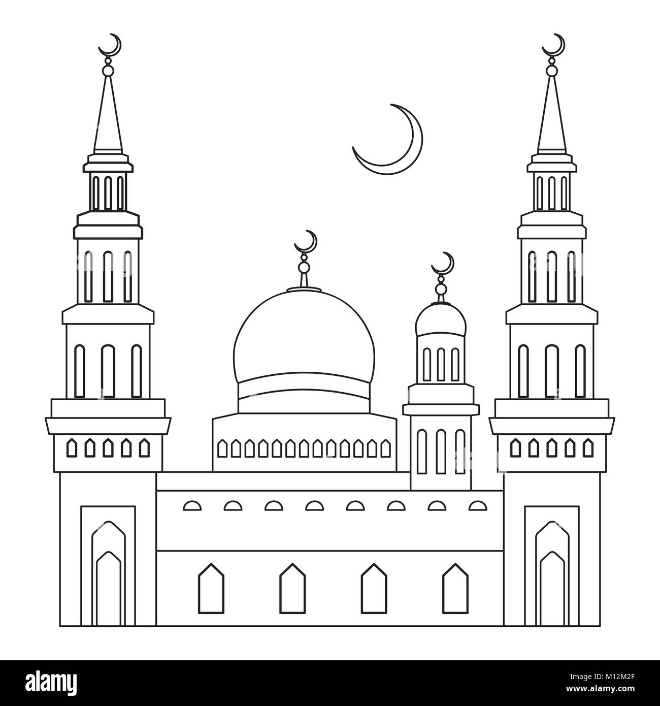 La moschea di cupole e minareti con una mezzaluna sopra di esso, di tipo piatto, illustrazione vettoriale con una linea sottile Illustrazione Vettoriale