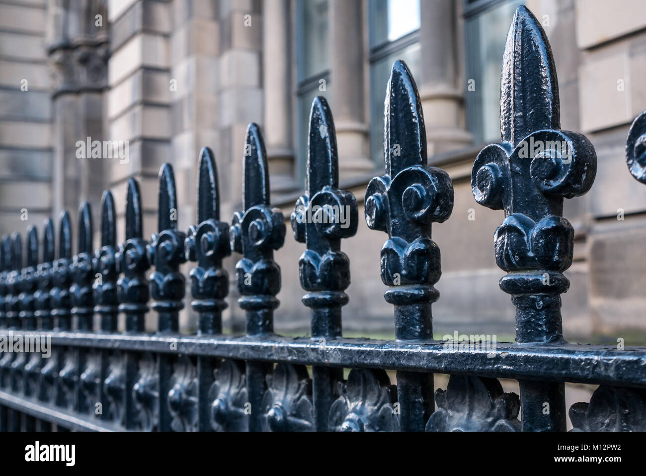 Close up nero vittoriano ringhiere in ghisa con Fleur de Lys pattern, Camere Street, Edimburgo, Scozia, con importanti prospettive di linea Foto Stock