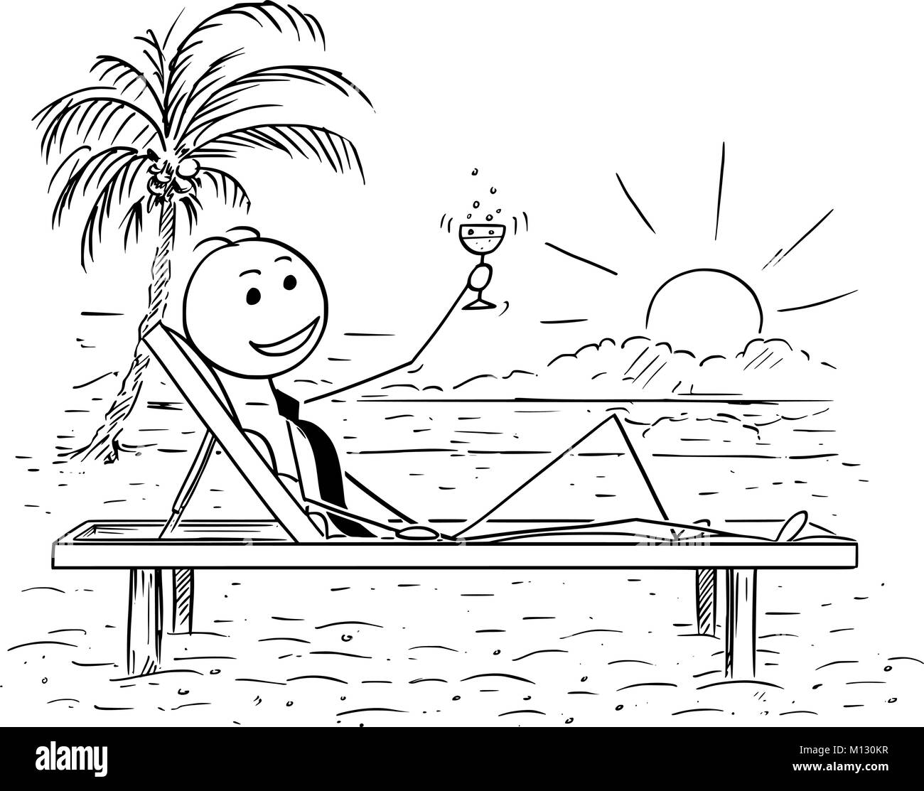 Cartoon concettuale di imprenditore di successo relax sulla spiaggia Illustrazione Vettoriale