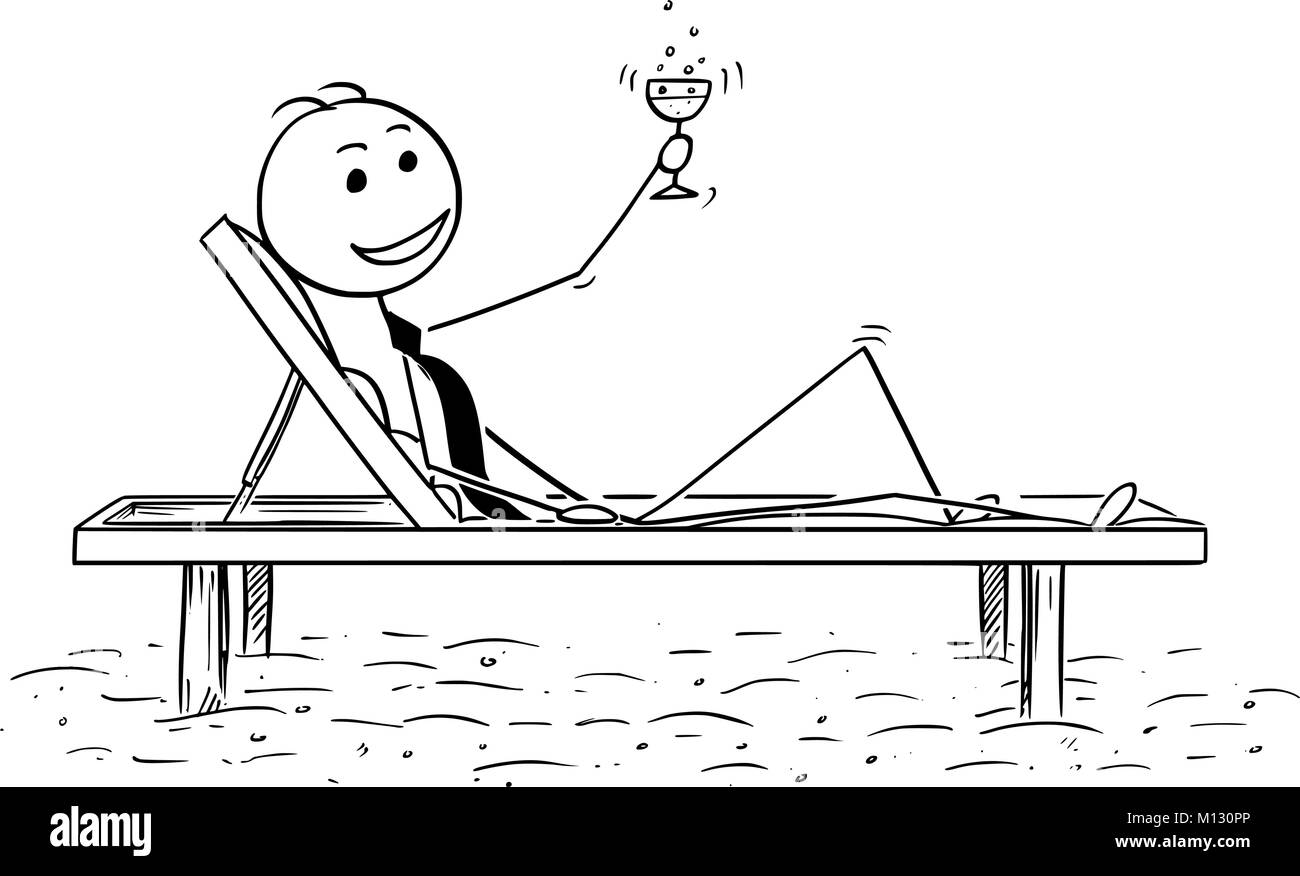 Cartoon concettuale di imprenditore di successo relax sulla spiaggia Illustrazione Vettoriale