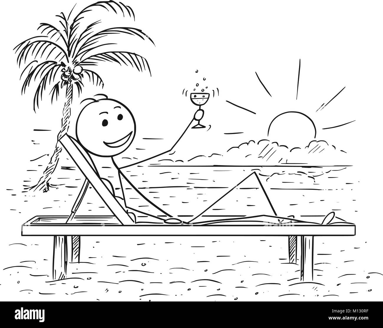 Cartoon concettuale dell uomo di successo relax sulla spiaggia Illustrazione Vettoriale