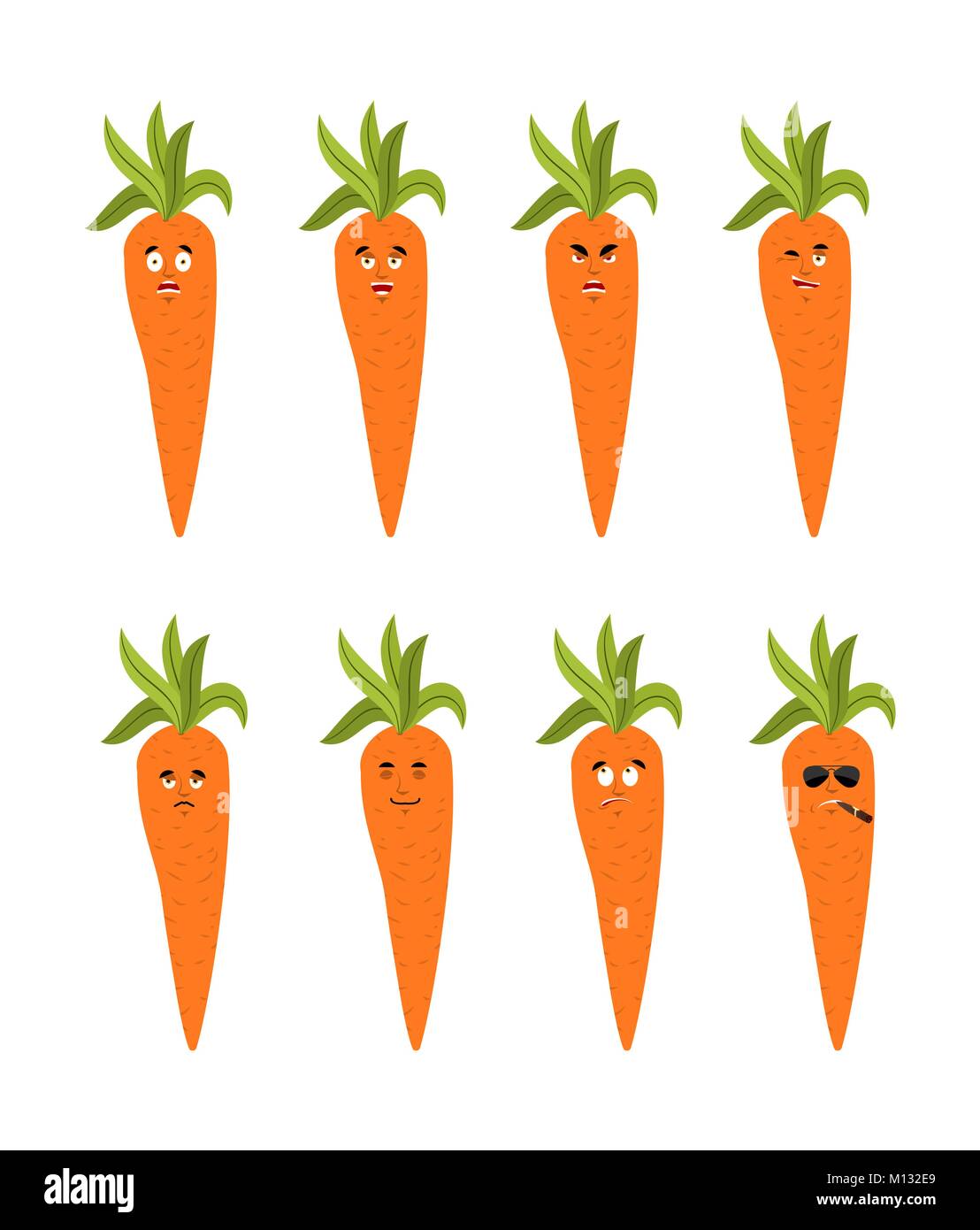Set di carota gli Emoji avatar. triste e volto arrabbiato. colpevole e dormire. La gente di mare vegetale fumatori di sigaro faccia emozione Illustrazione Vettoriale