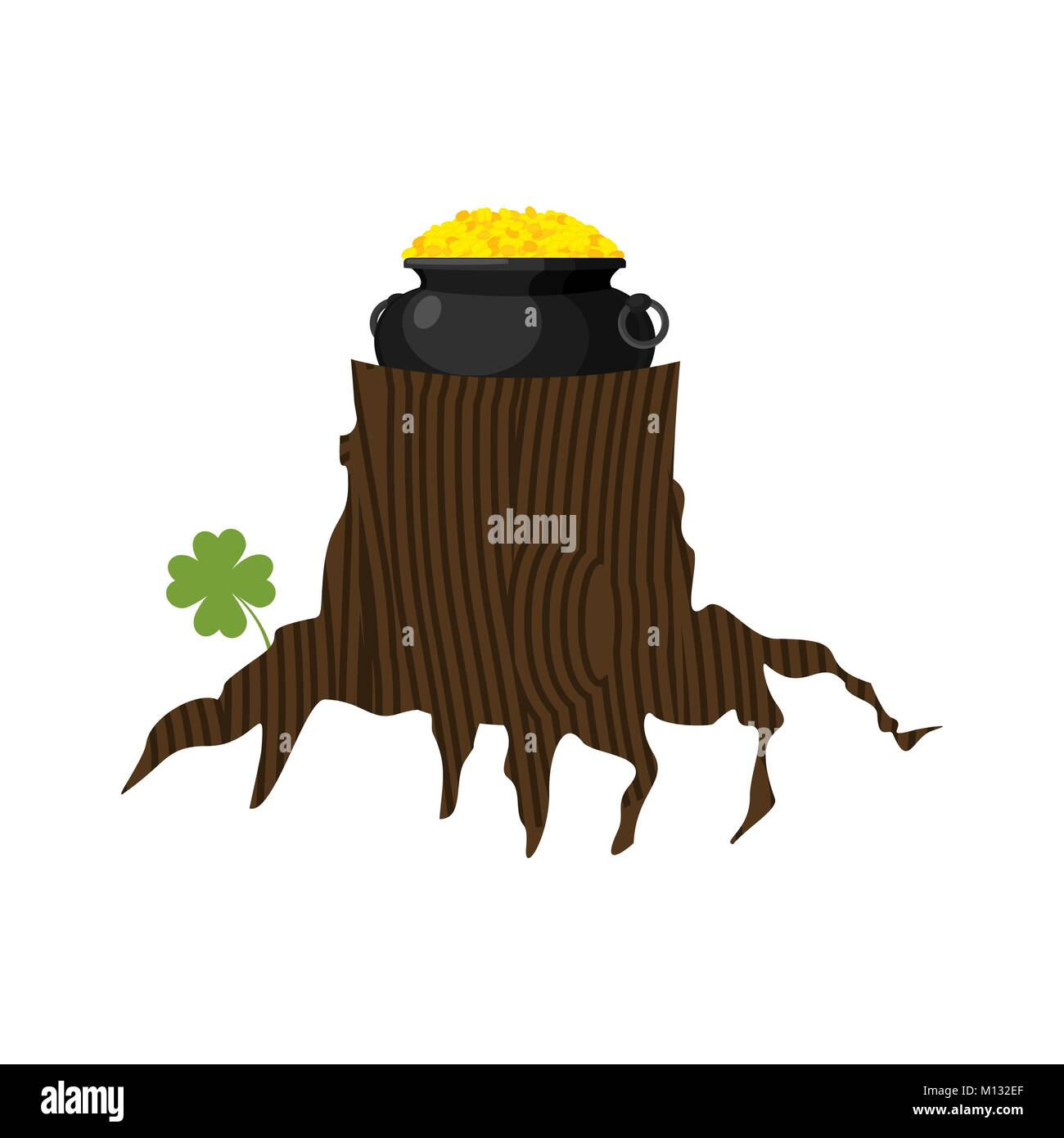 Pentola d'oro nel moncone. Tesoro di leprechaun. Illustrazione per San Patrizio giorno. nazionale vacanza irlandese Illustrazione Vettoriale