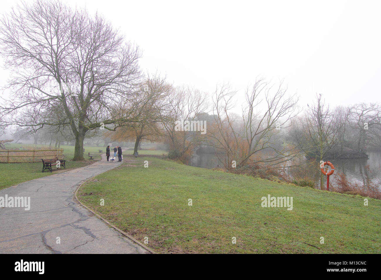 Billericay, Essex, Regno Unito. Il 26 gennaio, 2018. Regno Unito: Meteo molto nebbioso per iniziare la giornata in Billericay, Essex - una vista del lago di prati Credit: Ben rettore/Alamy Live News Foto Stock